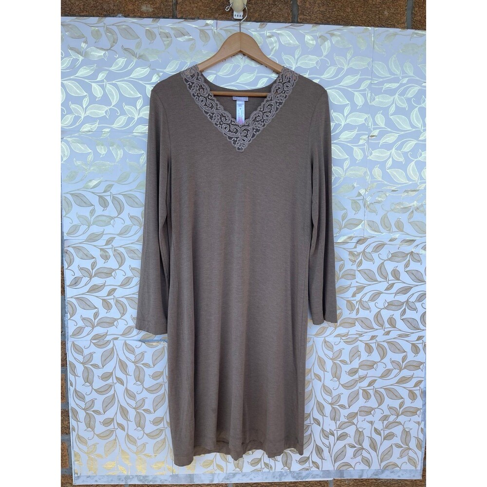 Hanro Luxury Lace Trim Sleep Dress | Minimalist Loungewear | Taupe M